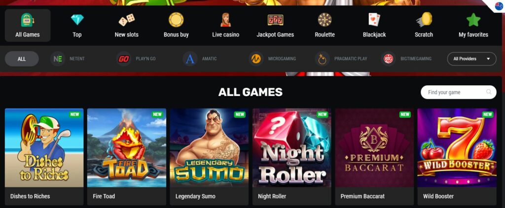 Screenshot of teh casino games page at Betamo casino.