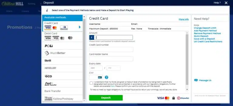 William Hill cashier page