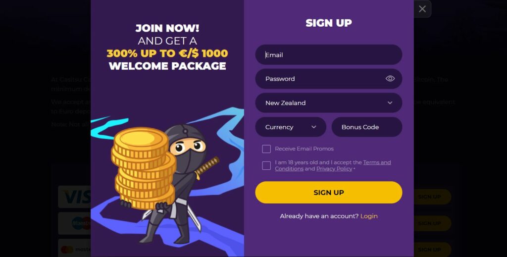 screenshot of the registration page at Casitsu