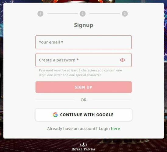 registration page at Royal Panda casino