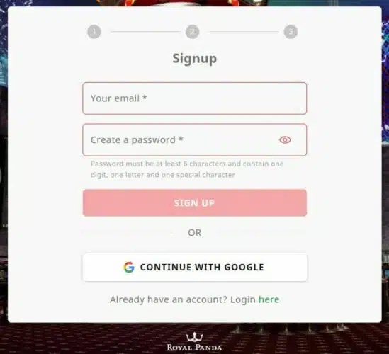 registration page at Royal Panda casino 