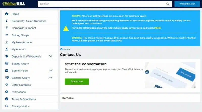 Screenshot of the William Hill customer support page.