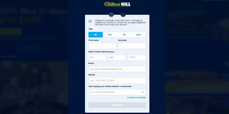 Registration form at William Hill.