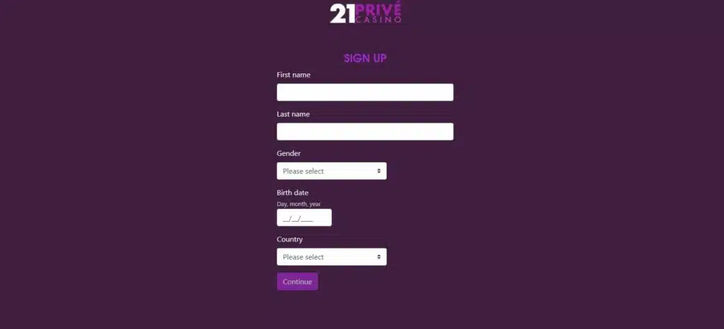 registration page at 21prive casino