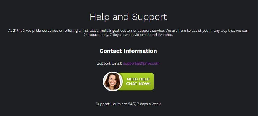 suppport page at 21prive casino.