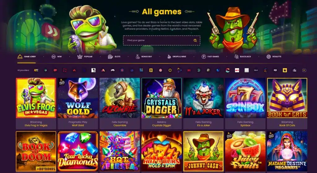 Bizzo casino games page screenshot. 