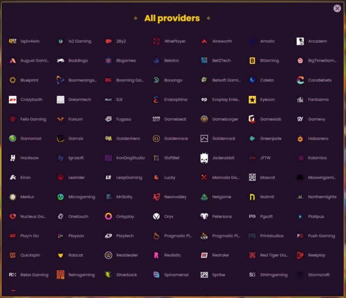All game providers at Bizoo