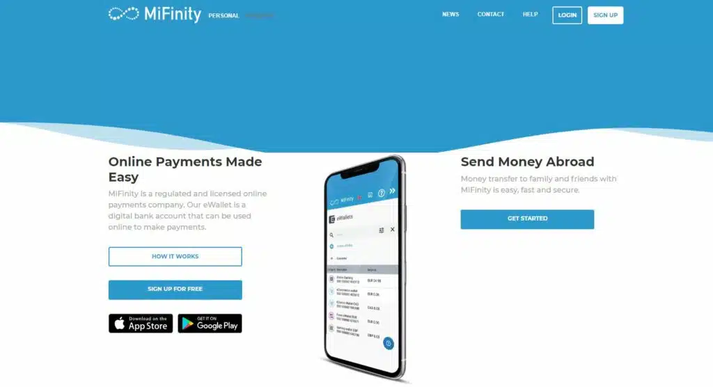 mifinity screenshot of the homepage