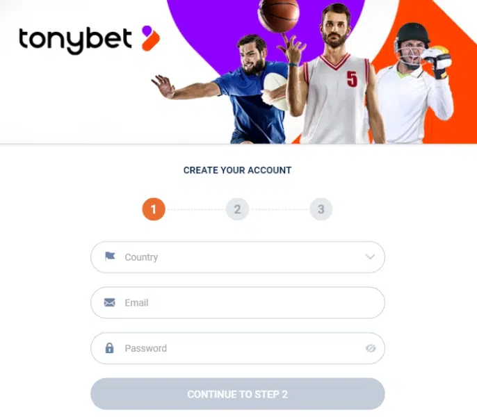 Tonybet register page