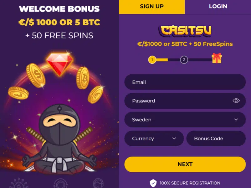 Registration page at Casitsu casino
