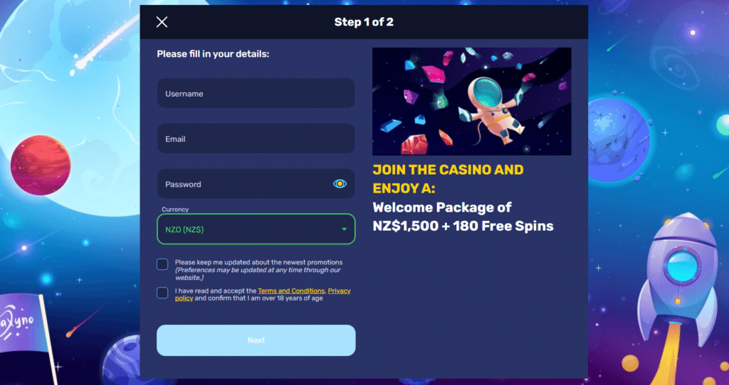 Example: NZD selected currency at Galaxyno casino