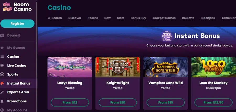 Instant bonus in menu at Boom casino