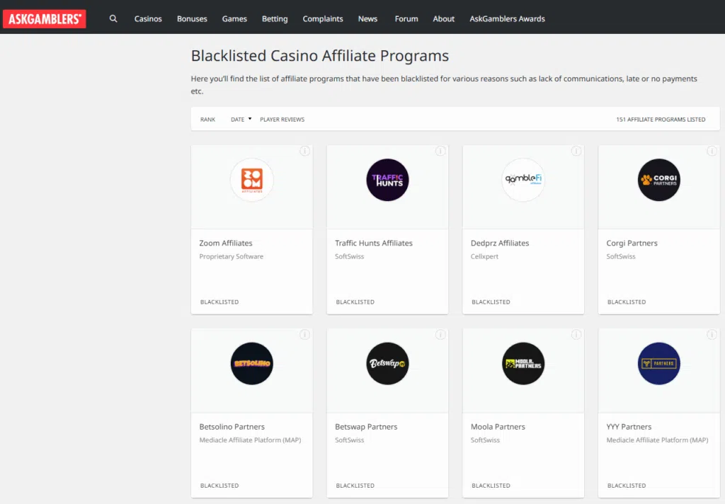 Blacklisted casino programs by AskGamblers