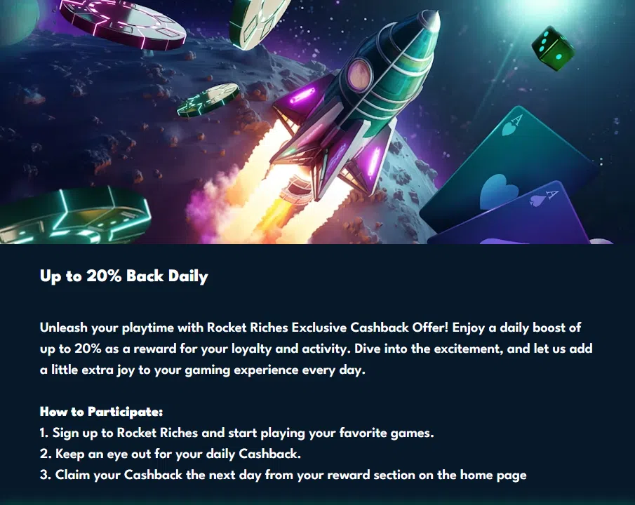 RocketRiches daily cashback