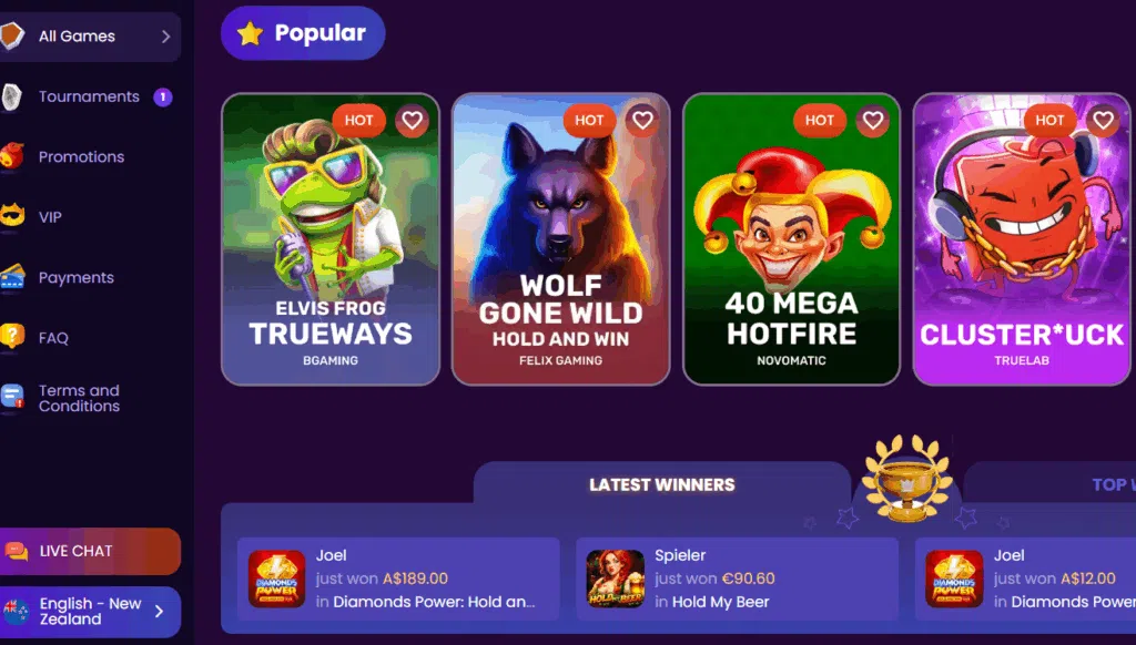 Spinando games section