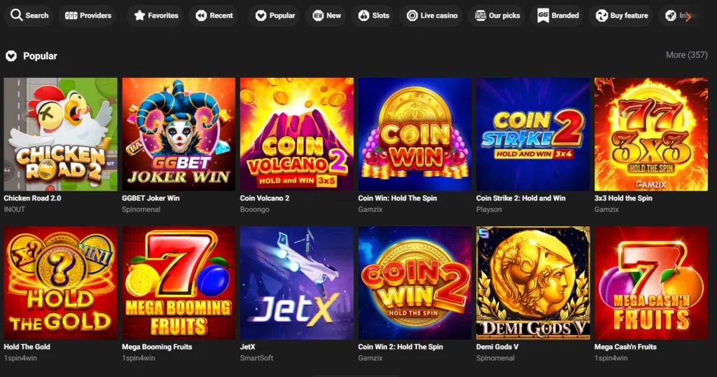 Ggbet games section at the casino