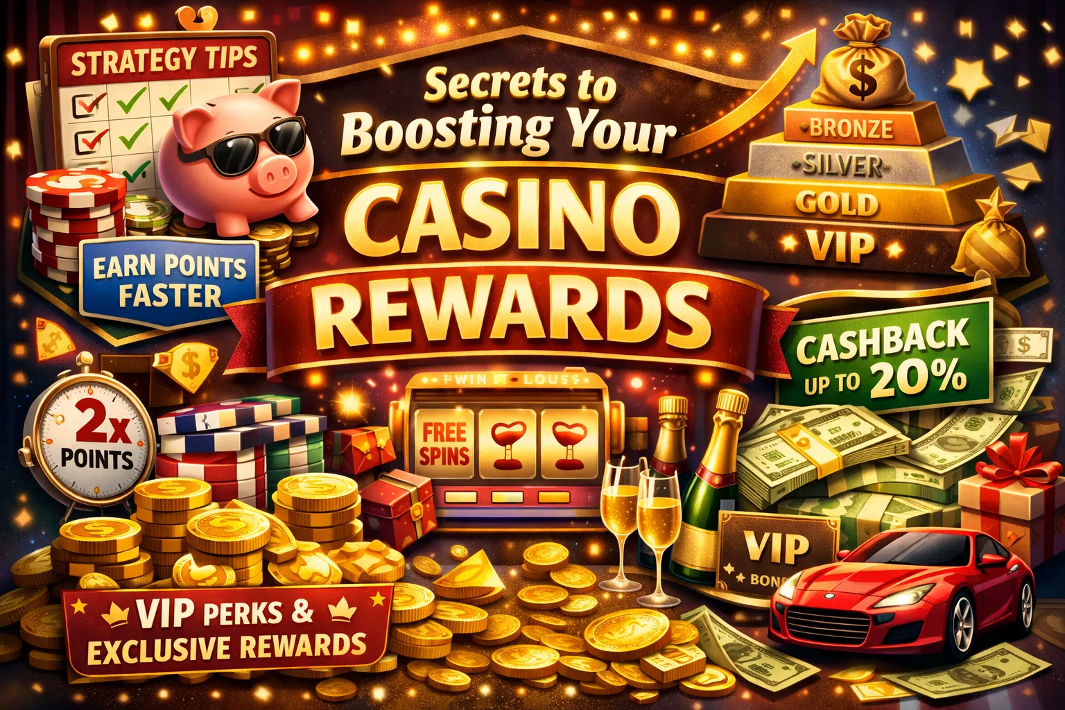 Infographic showing how to maximize casino rewards, including points, tiers from Bronze to VIP, cashback, free spins, and VIP perks, with NZ-themed elements like kiwi and NZD symbols